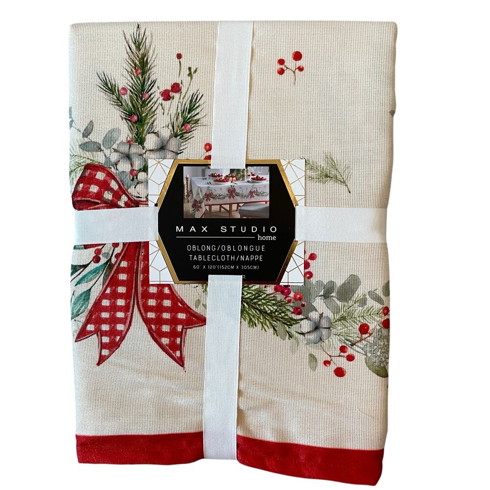 Max Studio Christmas Red Bows & Holly Holiday Tablecloth Oblong 60x120 New